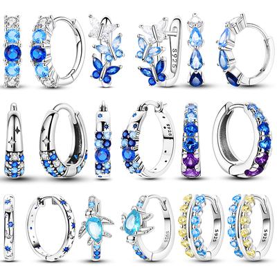 925 Silver Blue Zirconium Butterfly Earrings Colored Hoop Earring Women Female Party Fine Earring Jewelry Gift