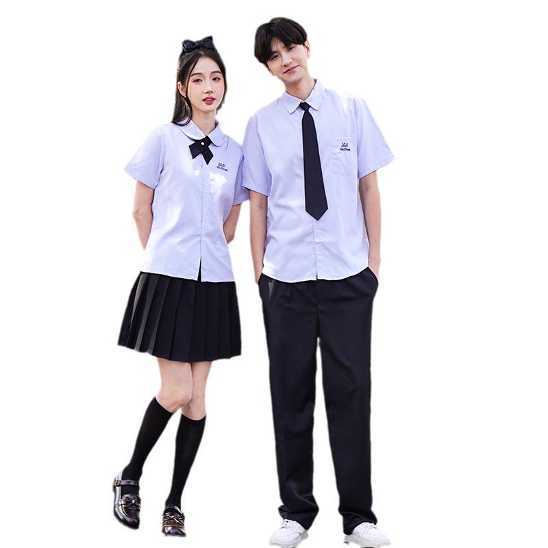 Thai Style Girls' Short/Long Sleeve School Uniform Shirt with Embroidered Badge for JK High School Students