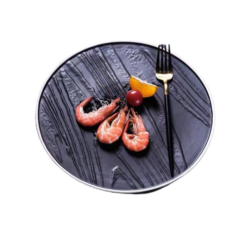 Matte Black Ceramic Wood Grain Plate for Steak, Barbecue, Snacks, and Desserts