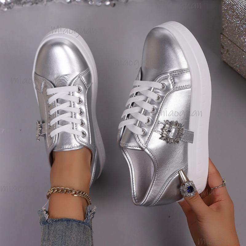 Women's Sneakers Gold Silver Low Top Casual Sports Shoes Women Metal Decor Comfortable Non Slip Walking Shoes Size 36 43