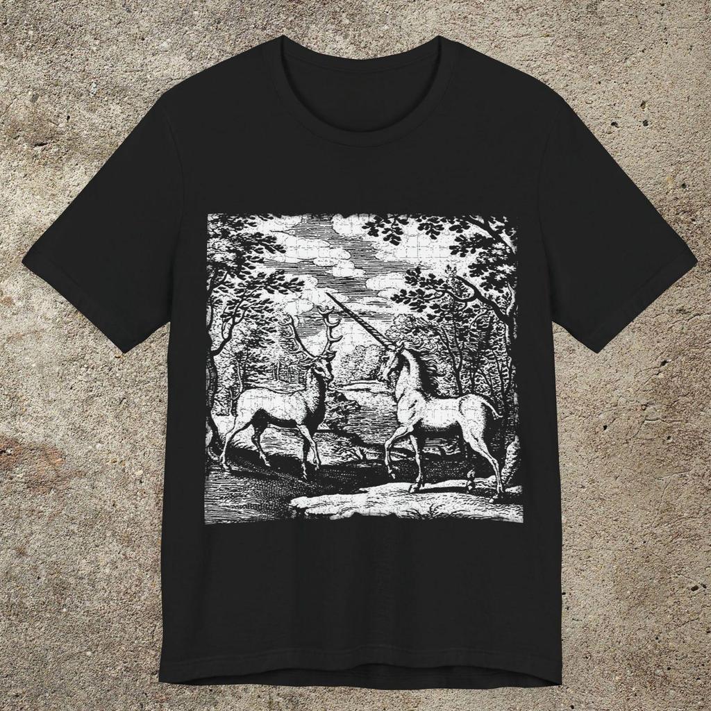 Alchemy Unicorn and a Deer Graphic Print T-Shirt, Mythical Creature Novelty Shirt, Unisex Top