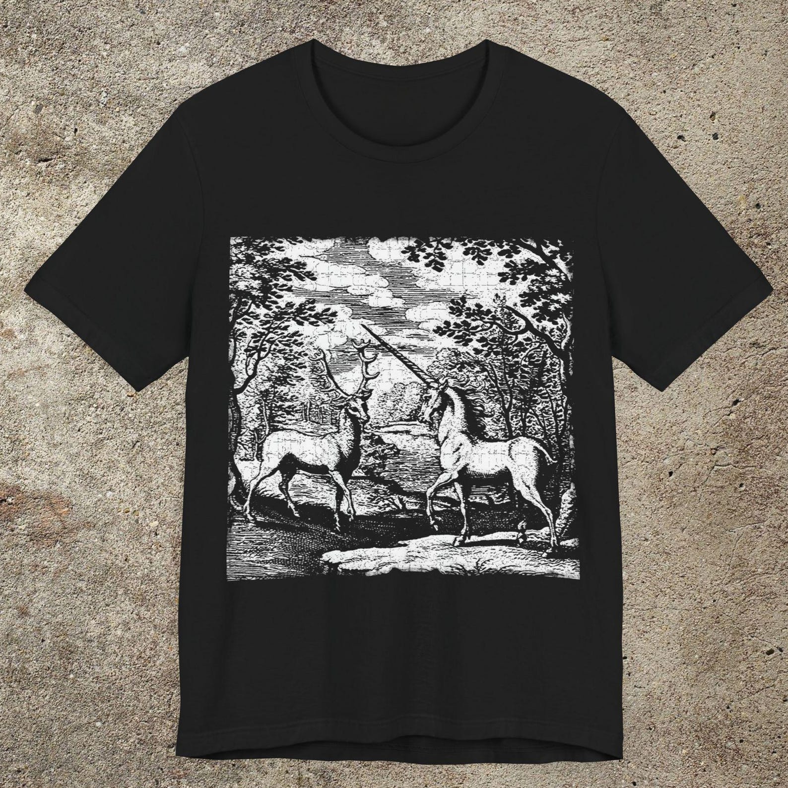 Alchemy Unicorn and a Deer Graphic Print T-Shirt, Mythical Creature Novelty Shirt, Unisex Top 4XL