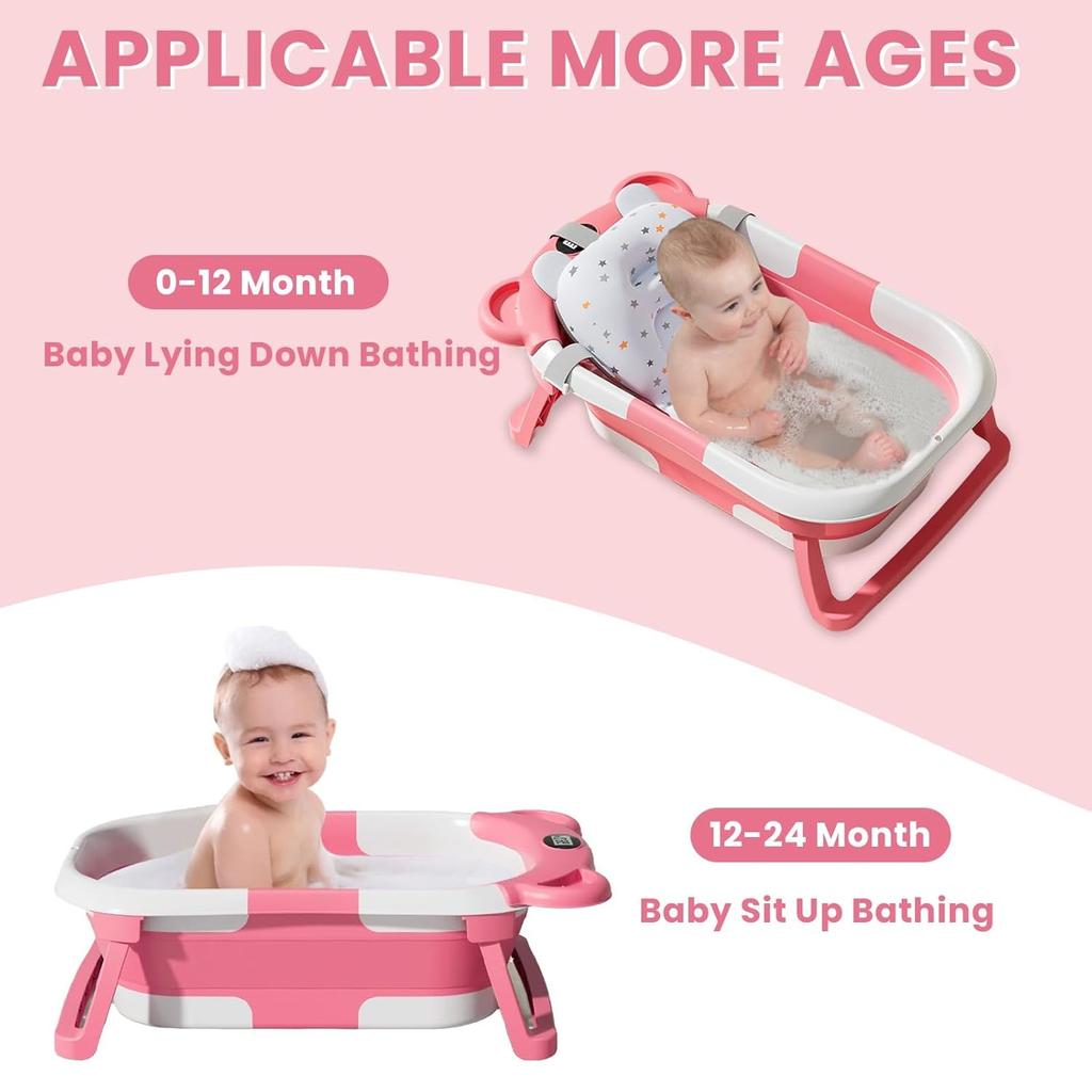 Ubravoo Dětská vanička s teploměrem pro kontrolu teploty vody, skládací vanička pro batolata s měkkým potahem, vhodná pro novorozence 0-24 měsíců