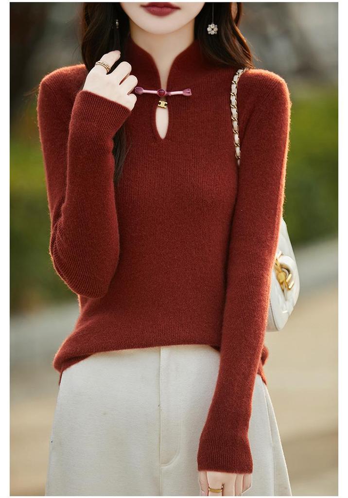 Women's Retro Chinese Style Pure Wool Button-Up Sweater - Slim-Fit Knitwear for Autumn/Winter