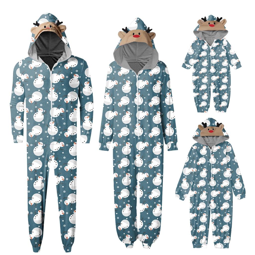 Christmas Print Family Matching Hooded Long Sleeved Zippered Jumpsuit Set