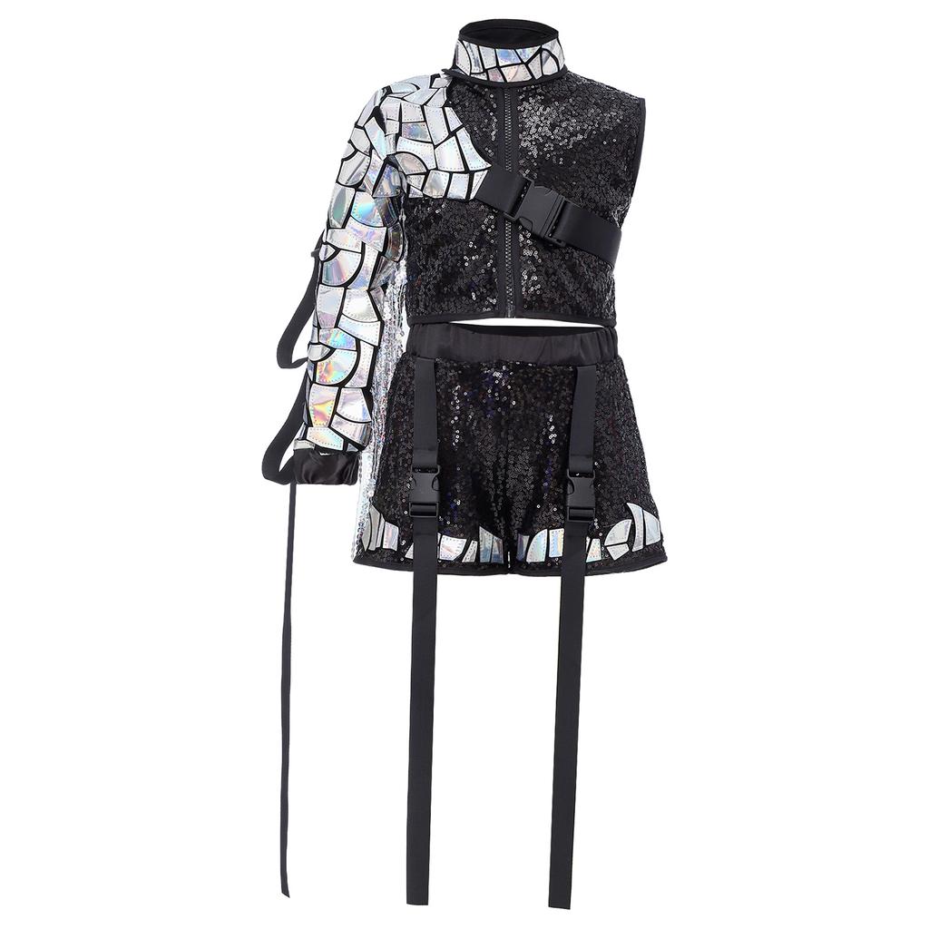 Completo Hip Hop Danza Bambini Top Corto Senza Maniche Zip Up Laccato Paillettes Shorts Set Maniche con Nappe Staccabili