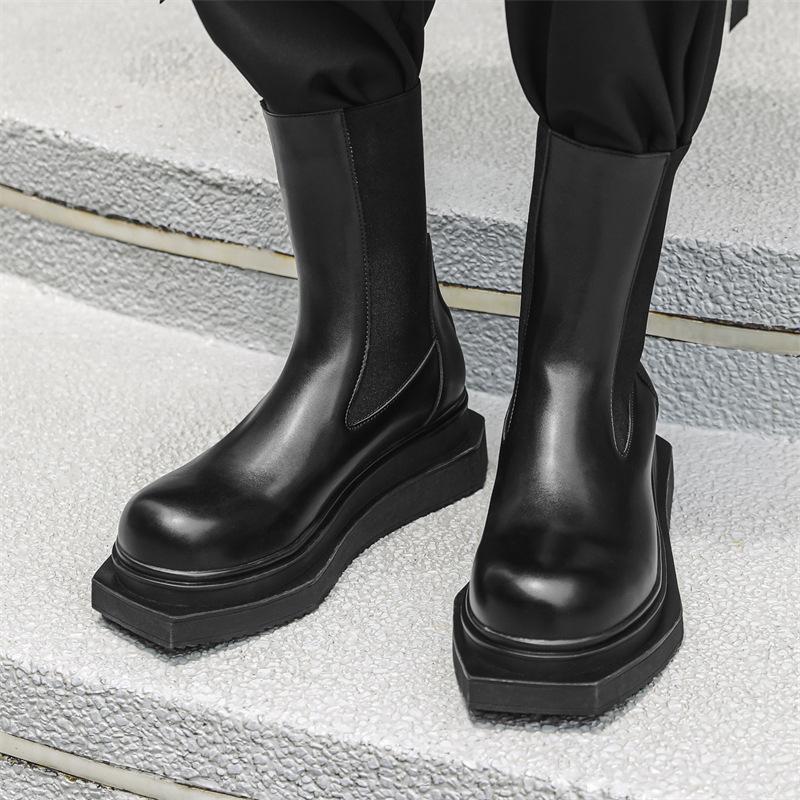 men fashion high chimney boots square toe original leather shoes stage nightclub long platform boot handsome motorcycle botas