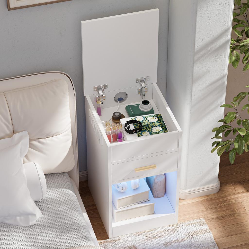 Bedside Nightstand Featuring Technology and Integrated LED Lights Charging Station Ports for Modern Homes Table De Chevet