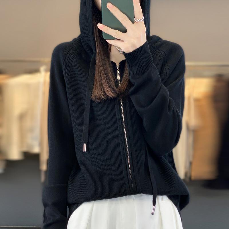 Damen-Strickjacke mit Kapuze, Reißverschluss, einfarbiger Pullover, lässiger Hoodie, Herbst und Winter, warme Strickjacke im Harajuku-Stil