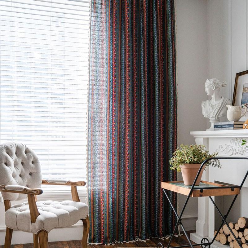 Cotton Linen Boho Rainbow Stripes Printing Curtain with Tassel Drape Blackout Valance Luxury Living Room Bedroom Curtains