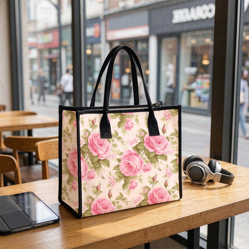 Floral Print Canvas Tote Bag Large Capacity Daily Carry Handbag for Shopping Travel Casual Use