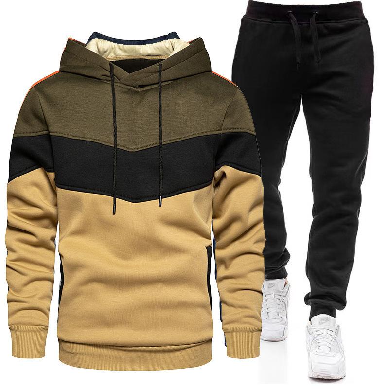 Sports Suit Men's Plus Loose Hooded Sweatshirt Sweatpants Color Blocked 2-piece Set Light Panel