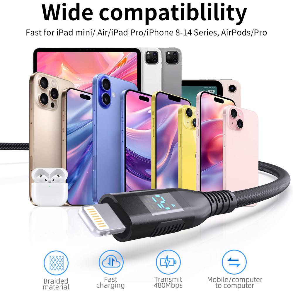 1m USB To Lightning Cable Digital Display 2.4A Nylon Braided Phone Fast Charging Cord