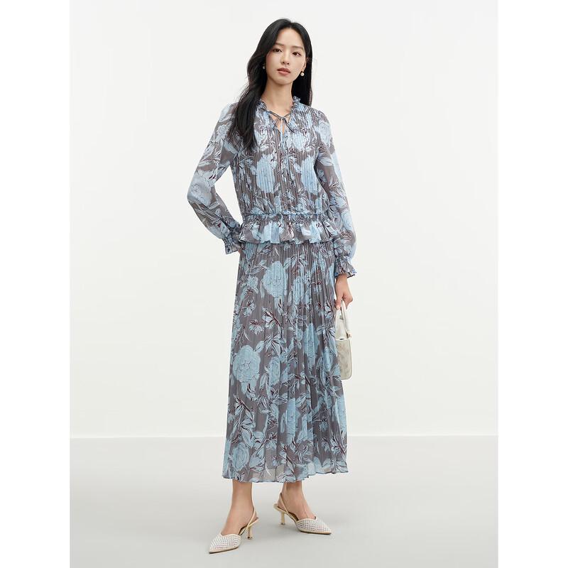 Juzui Women's Elegant Printed Pleated Tie-Neck Top