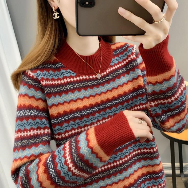 Autumn and Winter Pullover Knitted Sweater Base Versatile Loose Retro Ethnic Style Striped Color Matching Crew Neck Sweater Women