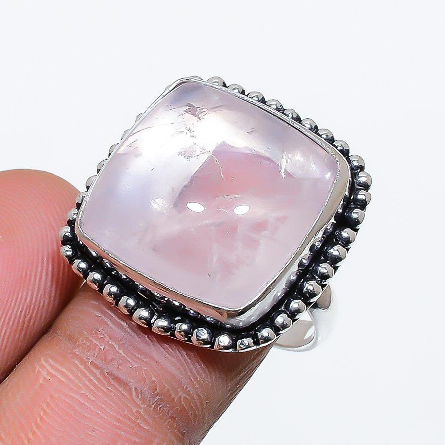 Rose Quartz Gemstone Handmade 925 Sterling Silver Jewelry Ring 7.5 SU-9992