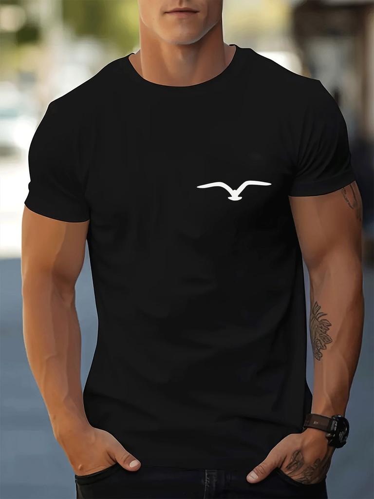 Unisex Crew Neck Tee Minimal Seagull Chest Silhouette Print Short Sleeve Oversized Male Daily Casual Soft Breathable Basic Wear Top