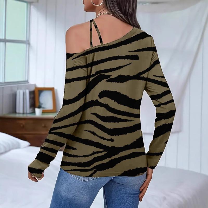 Women's Fashion Casual Spring Autumn Zebra Print Long Sleeve Oblique Collar Blouses & Shirts