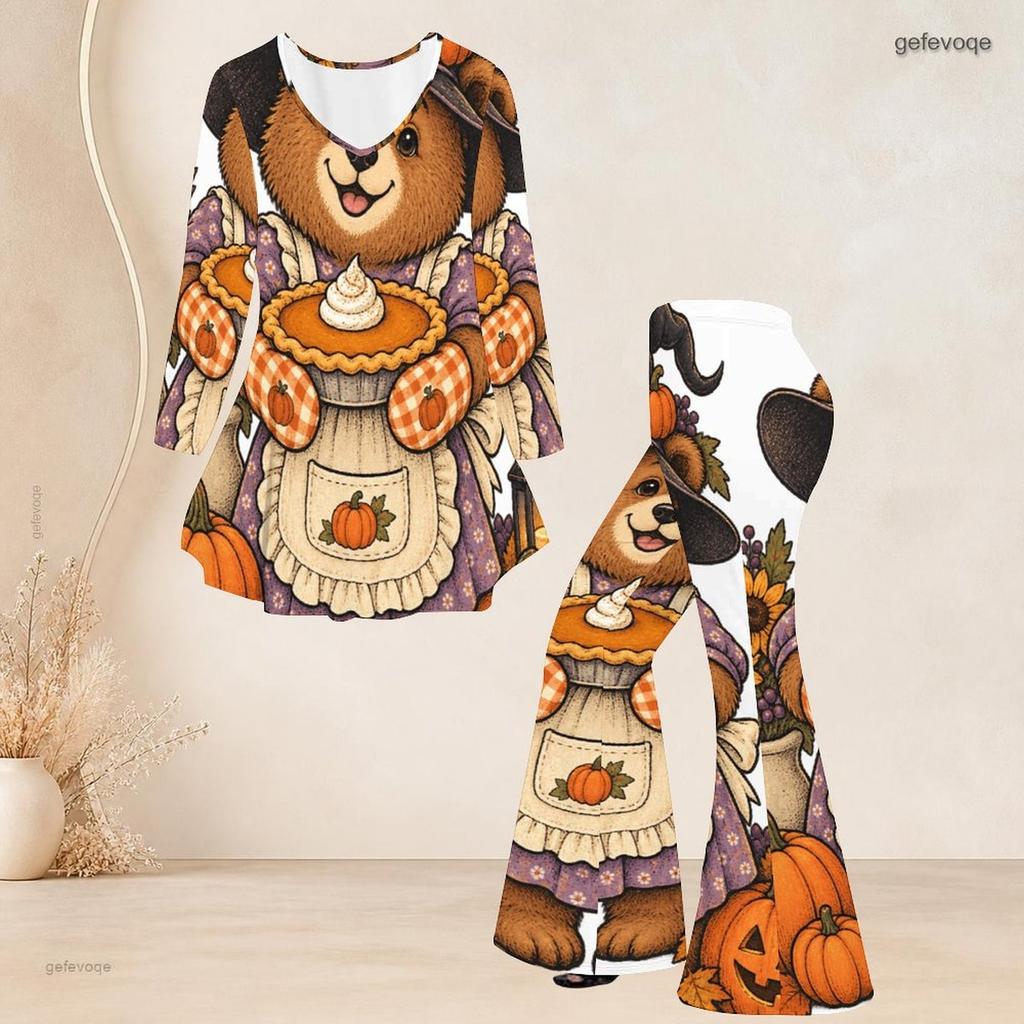 Women Plus Size Two Piece Set Round Neck Three Quarter Sleeve Bear Pumpkin Printed Flared Top And Flared Pants