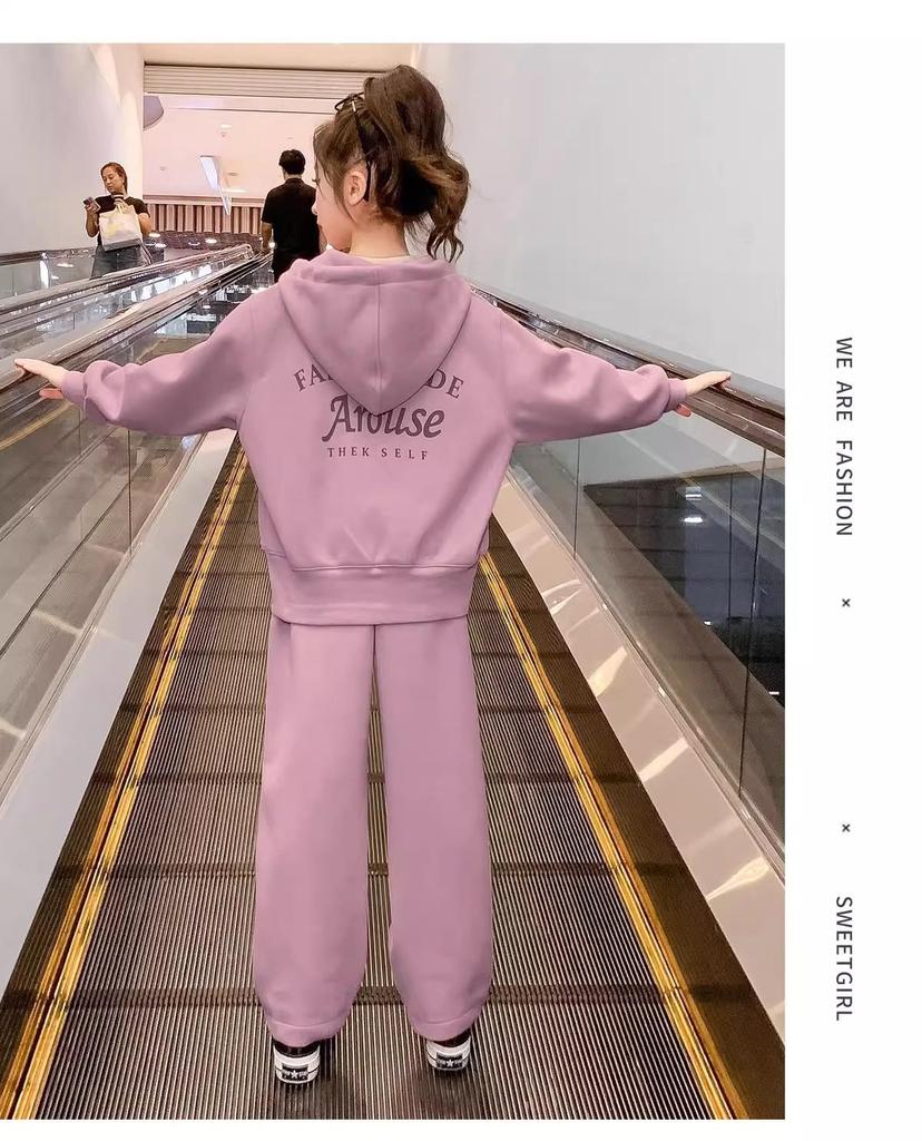 Girls' Autumn Sporty Set: Hooded Sweatshirt & Wide-Leg Pants Two-Piece