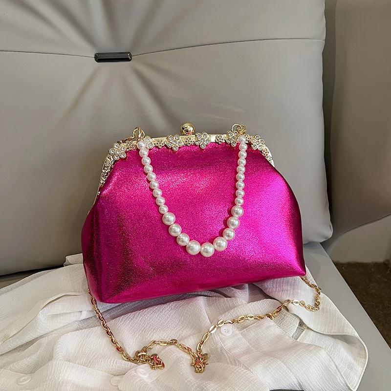 

Роскошные сумки через плечо для женщин, французские золотые сумки через плечо с жемчужной цепочкой и зажимом для ракушек, маленькая сумка