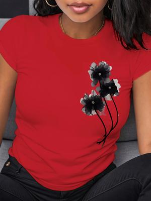 Damen Casual T-Shirt Schwarzer Blumendruck Kurzarm Rundhalsausschnitt Oberteil Leichter Atmungsaktiver Stoff Damen T-Shirts Kleidung