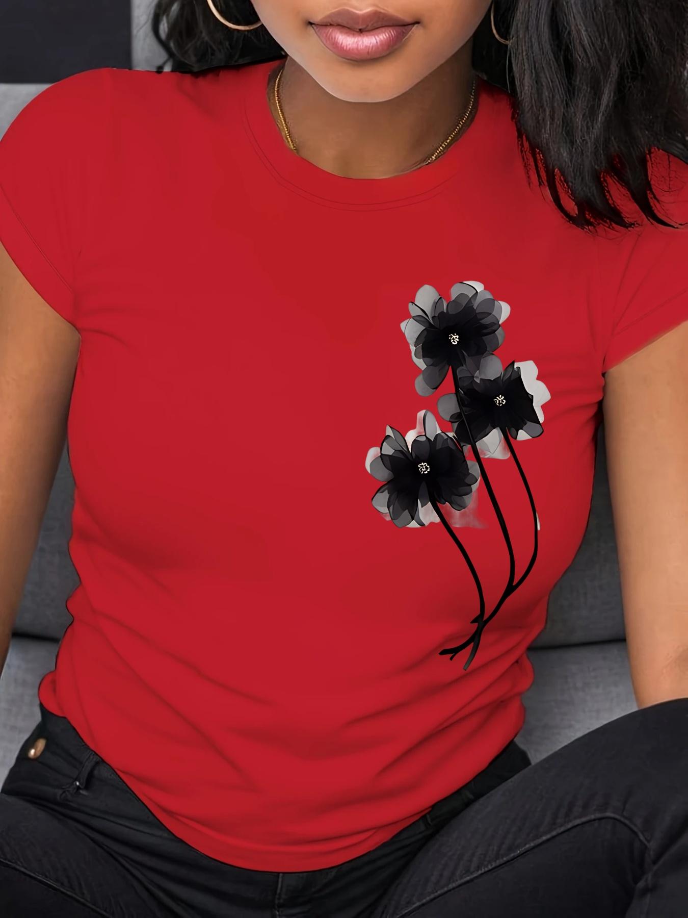 

Women s Casual T-Shirt - Black Floral Print Short Sleeve Crew Neck Top Lightweight Breathable Fabric Ladies T Shirts S