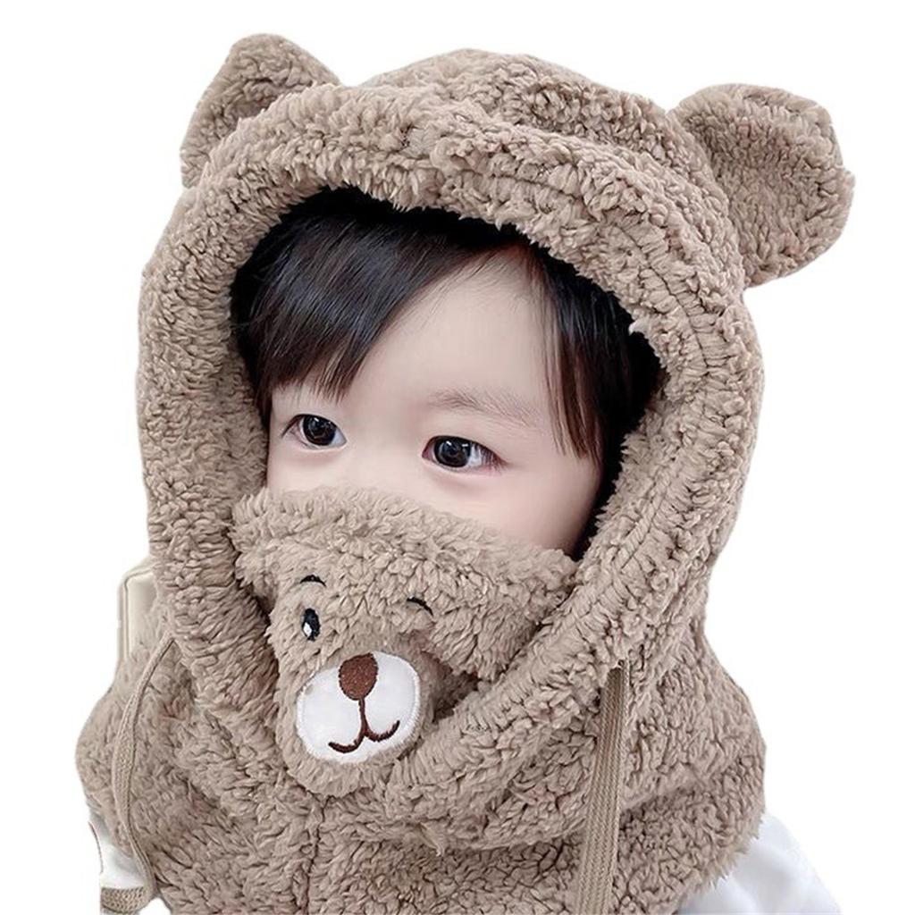 Bear Pattern Plush Scarf Hat with Face Cover Kids Outdoor Windproof Neck Warmer Beanies ?Hat Thick Warm Masked Hood Caps