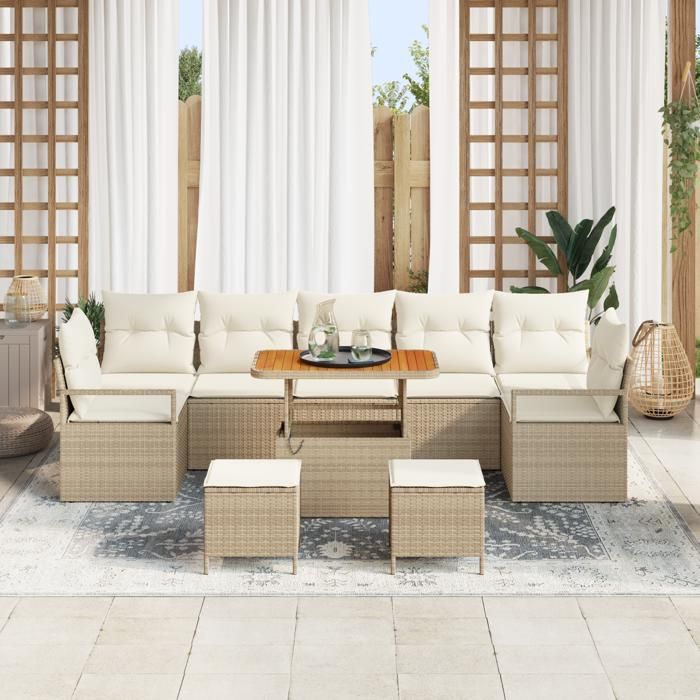 Ensemble de 10 Pièces de Sofa de Jardin avec Coussins Beige Rattan Poly Acacia, Sofa de Jardin 2 Places avec Rangement 3364461