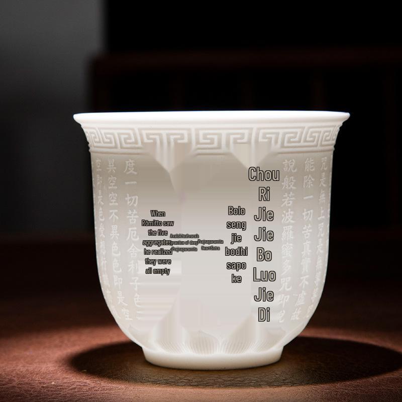 Heart Sutra Ceramic Tea Cup: Douyin Kuaishou Live Traffic Boost, Hundred Blessings Design, Mutton Fat Jade White Porcelain