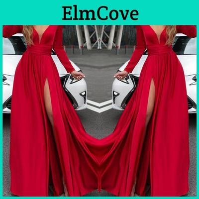 Women Deep V Neck Long Sleeve Slit Prom Gown Dress Elegant Bridesmaid Evening Maxi Dress