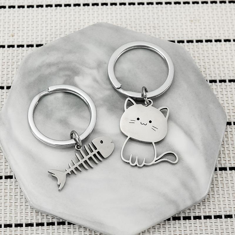 Fish Bone Cat Stainless Steel Keychain Cute Cartoon Matching Style Fashion Couple Friend Pendant Practical Bag Decoration