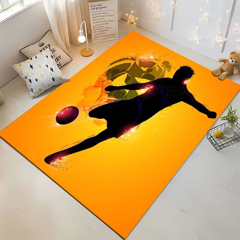 Soccer Player Silhouette on Orange Abstract Art Carpet Design Suitable for use as an anti-slip for living room bedroom sofas