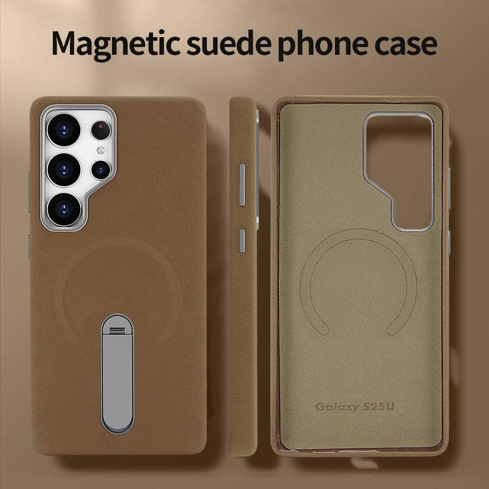 Suede Magnetic Wireless Charging Protective Phone Case with Metal Stand for Galaxy S24 Ultra/ S25 Ultra, Metal Camera Protection