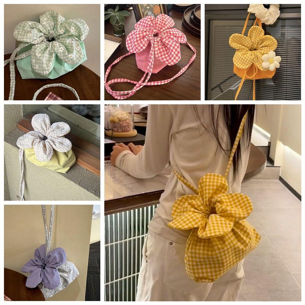 Plaid Flower Drawstring Bag Cute Ins Shoulder Bag Casual Small Crossbody Bag  Vacation