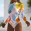 Women Plus Size Long Sleeve High Neck Half Zip Floral Print One Piece Swimsuit