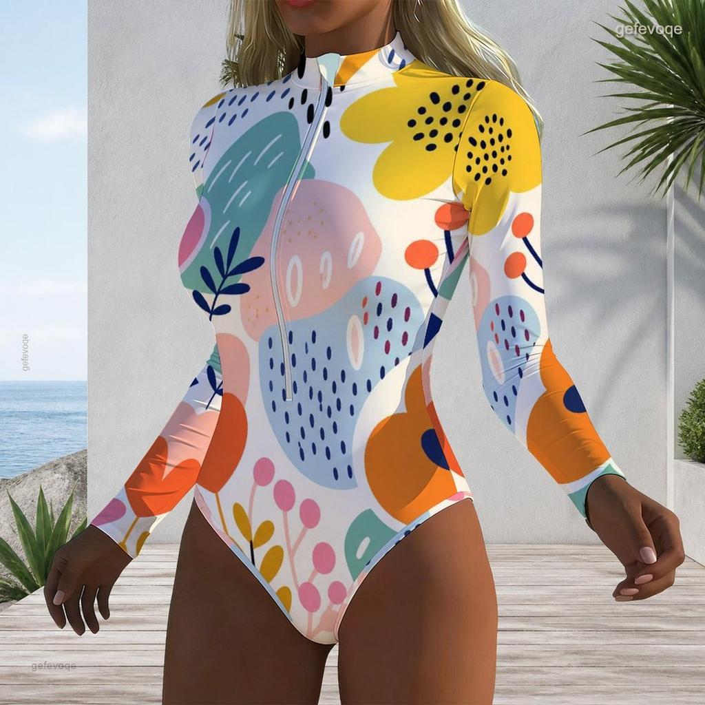 Women Plus Size Long Sleeve High Neck Half Zip Floral Print One Piece Swimsuit