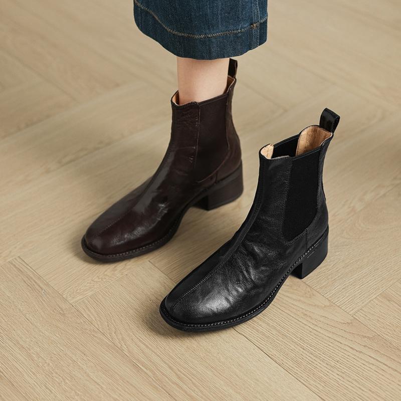 Fashion NEW Autumn Women Boots Genuine Leather Shoes for Women Round Toe Chunky Heel Shoes Slip-on Chelsea Boots Handmade Daily Shoes