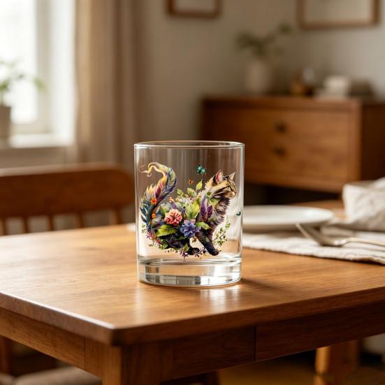 Cute Cat Floral Glass, Juice Coffee Cup, Milk Tea Glass Mug, Artistic Whiskey Coffee Mug for Home Bar, Gift for Cat Lovers