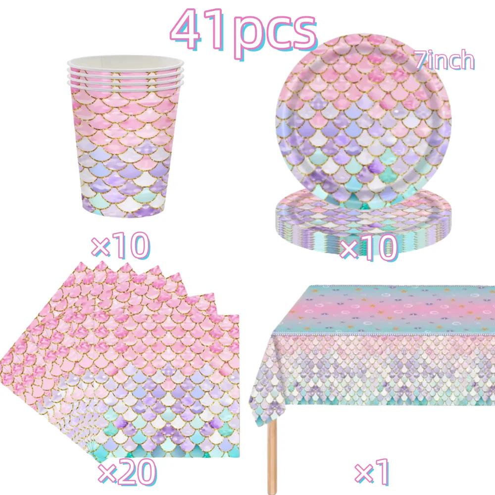 Mermaid Birthday Party Decoration Tableware Set Gradient Mermaid Plates Cups Napkins Balloons For Kids Girls Party Favors Gifts