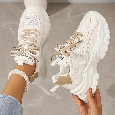Damen Mesh Chunky Sneaker, Atmungsaktive Trendige Low Top Laufschuhe, Lässige Schnür-Sportschuhe