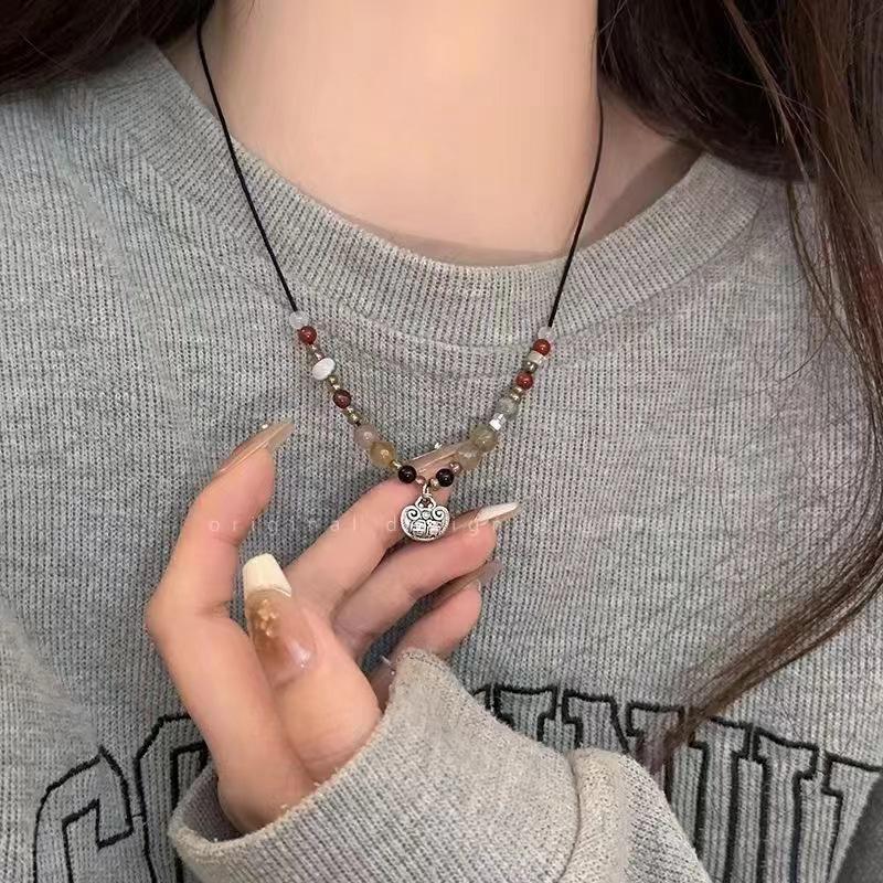High-End Ethnic Style Peace Lock Natural Stone Beaded Necklace for Women