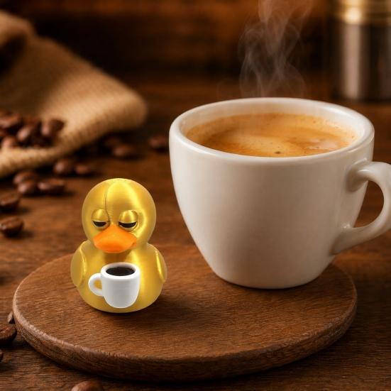 3D Printed Coffee Duck Collectible Figurine, Detailed Gold Duck Holding Coffee Cup Desk Decor for Colleagues And Friends