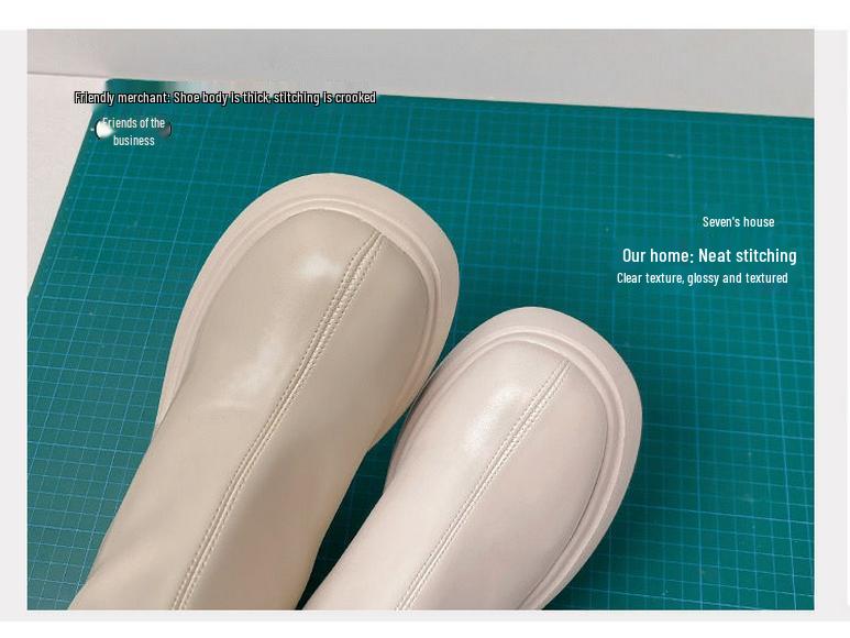 Women's White Platform Ankle Boots - Height-Increasing, Elastic Slim Fit, Genuine Leather Martin Style