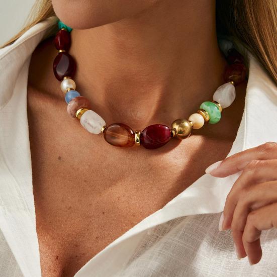 Colar Boho, Gargantilha Colorida de Contas de Resina, Colar Irregular Retrô para Mulheres, Joias Boho de Verão