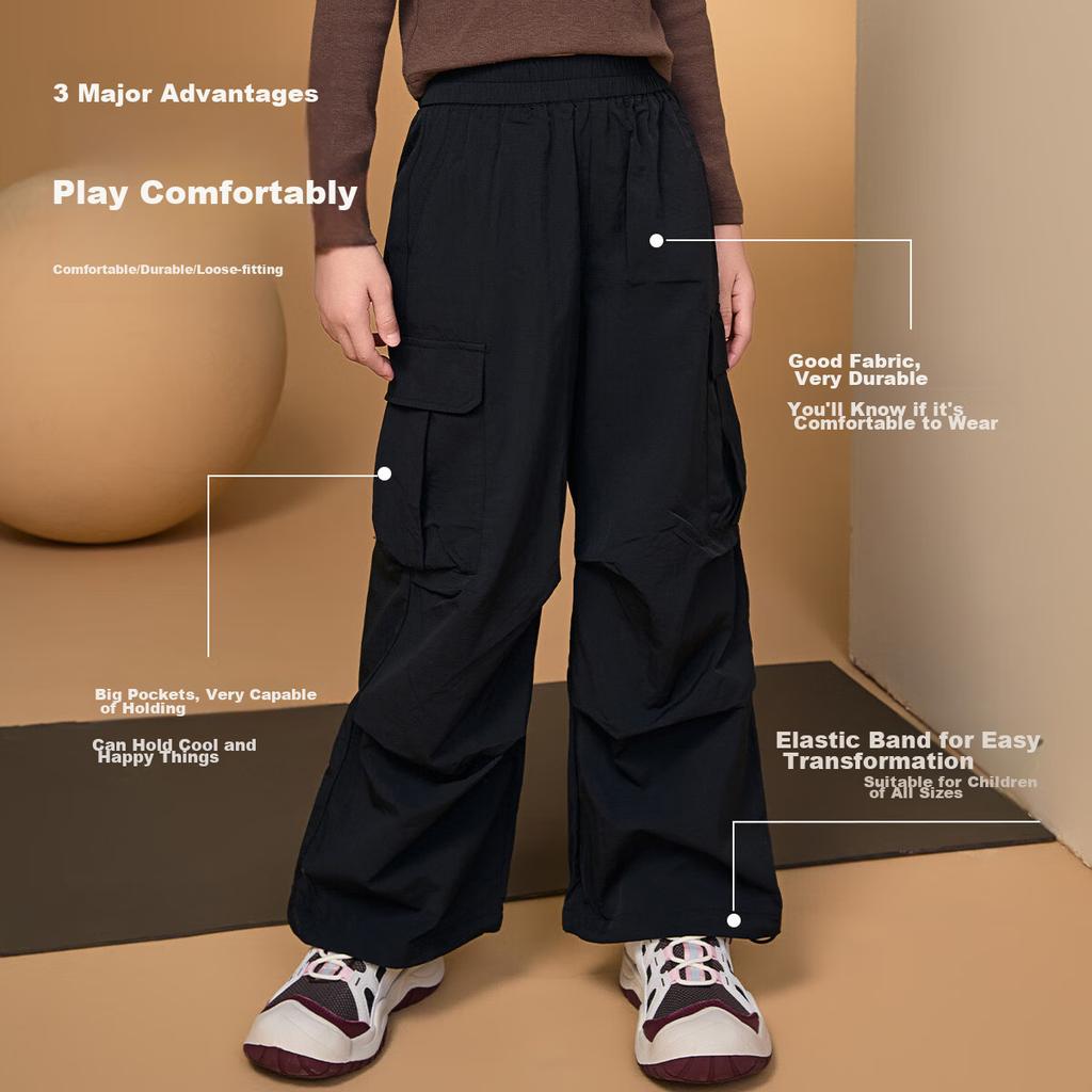 ASK JUNIOR Girls' Pants, Spring 2026 Outdoor Fashion Sports Pants, Mosquito-Repellent Trousers, Cargo Paratrooper Pants, Black, Size 160