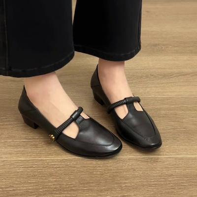 Schapenvachtversie~ Retro camellia ronde neus Mary Jane damesschoenen woon-werkverkeer T-vorm met lichte mond temperament dikke hak enkellaarsjes
