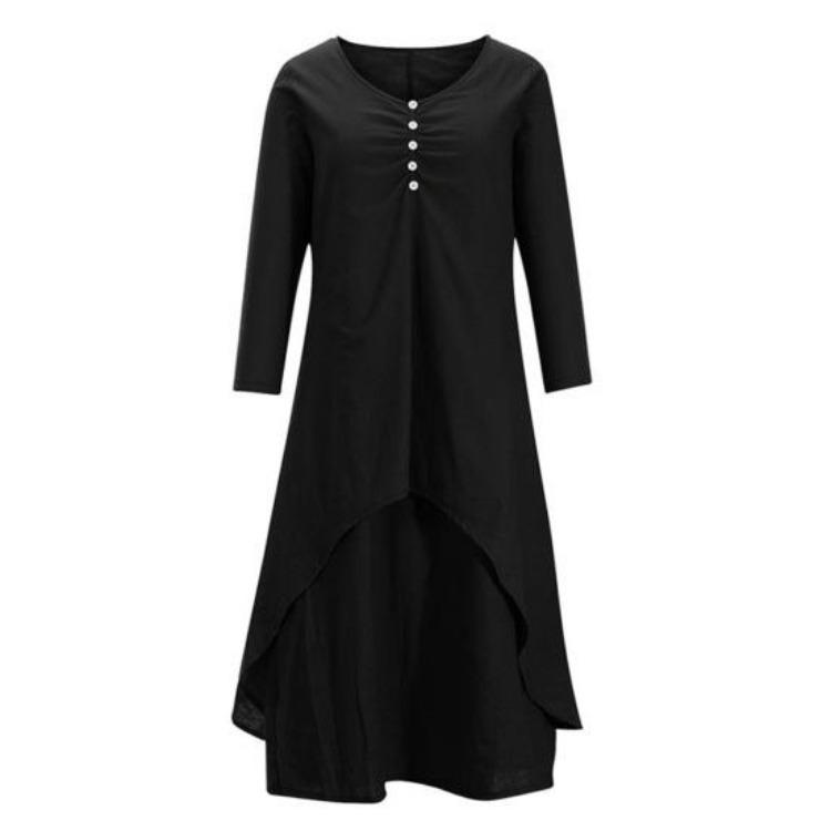 Plus Size Women Maxi Dress Irregular Layered Hem Round Neck Ninth Sleeves with Pockets Loose Beach Dress Solid Color