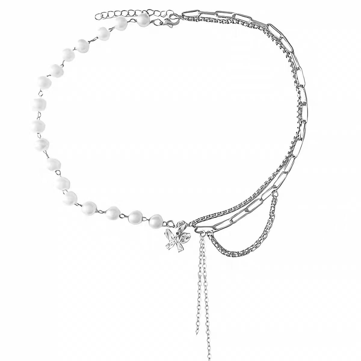 New pearl rhinestone butterfly splicing necklace women s cold wind collarbone chain personalized accessories collarbone chain