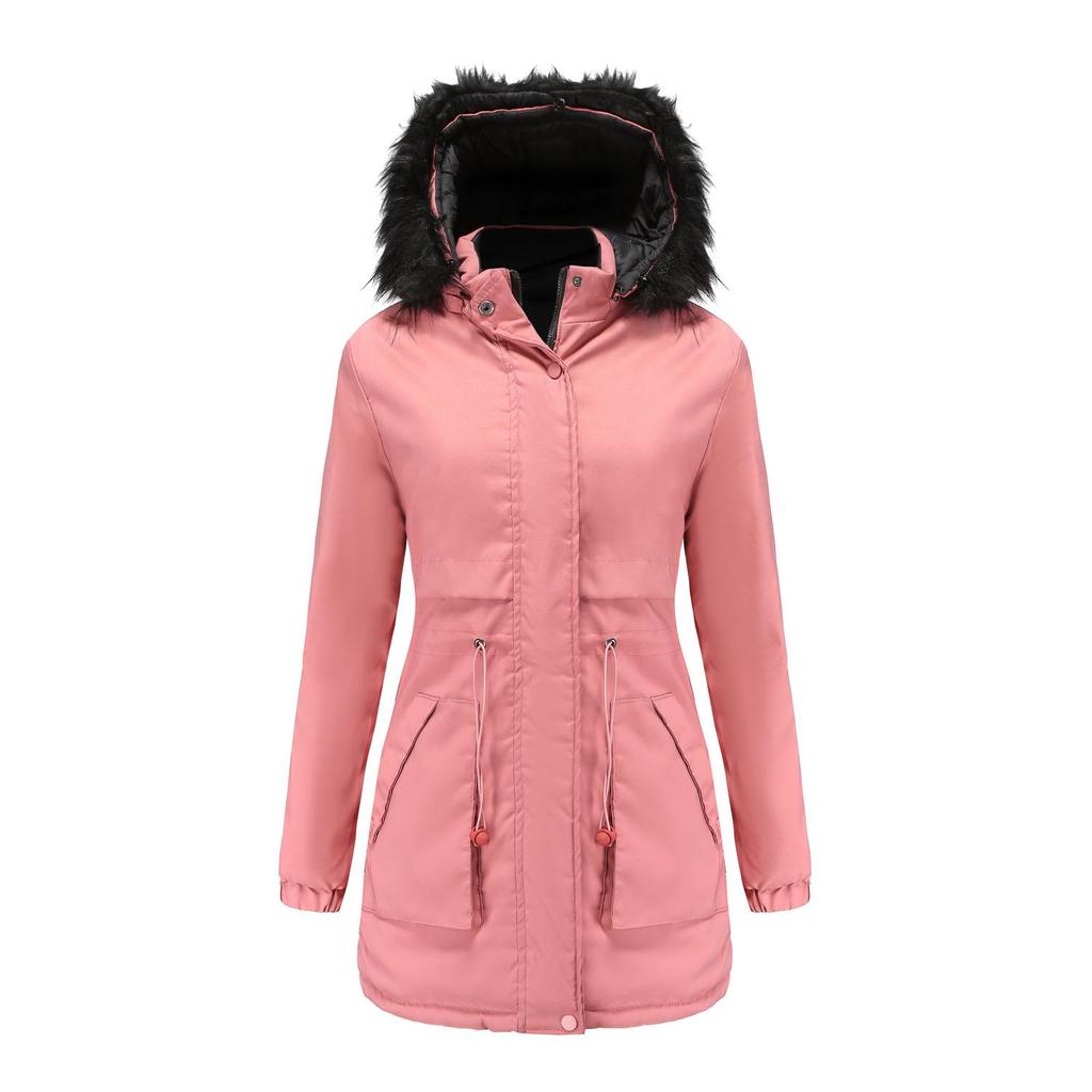 Women Winter Reversible Solid Color Long Sleeve Drawstring Fur Collar Removable Hat Quilted Parka M-3XL